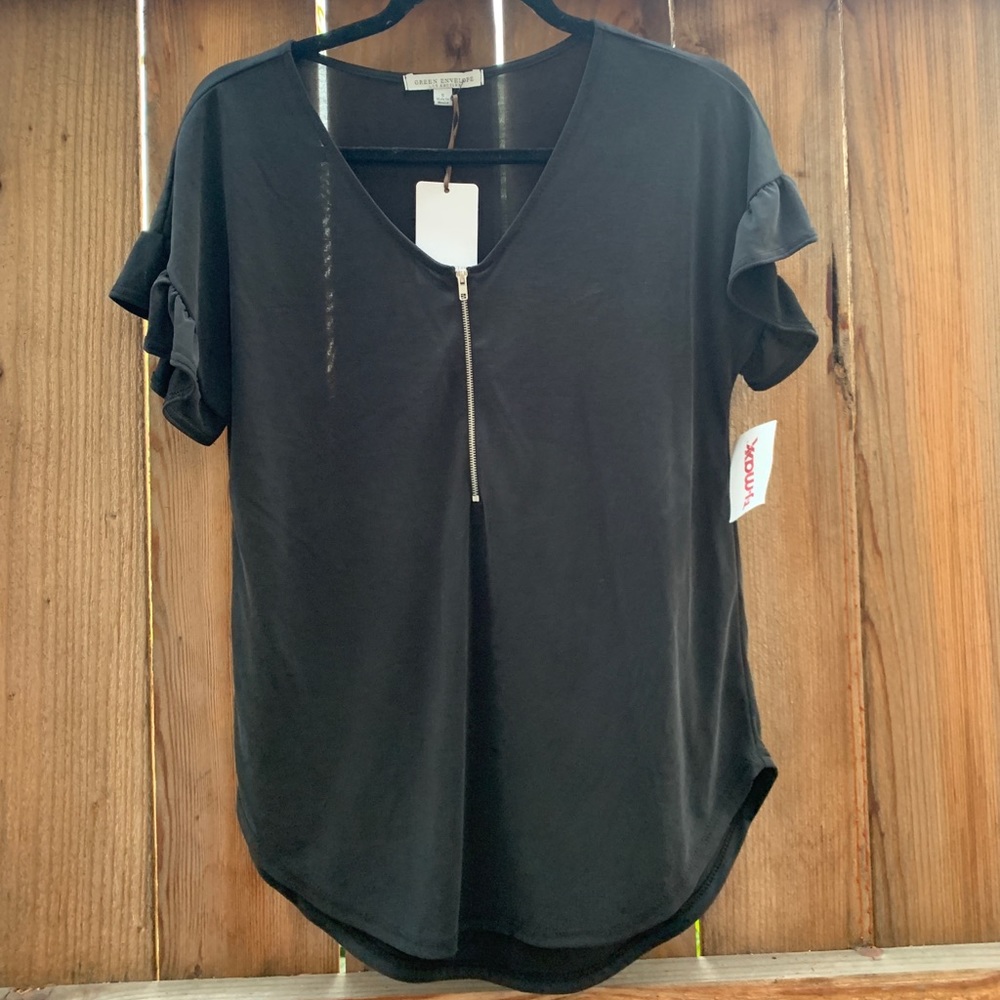 Black Zipper Blouse With Ruffle Sleeve